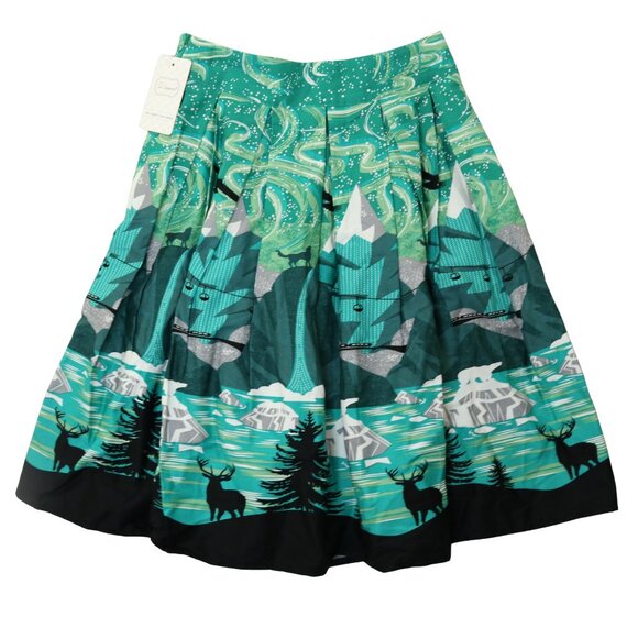 Dressever Pleated Skirt Mountains Deer Wolves Green Winter Side Zip - Picture 1 of 11